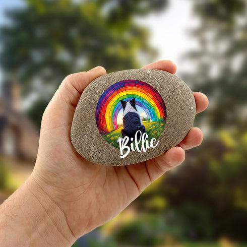 Rainbow Border Collie Personalised Pebble